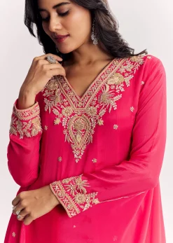 Pink Chinon Anarkali Dupatta Suit With Sequins Cutdana And Moti Work