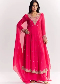 Pink Chinon Anarkali Dupatta Suit With Sequins Cutdana And Moti Work