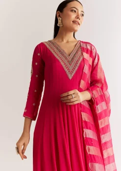 Pink Chinon Anarkali Set With Zardosi Sequins And Cutdana Work