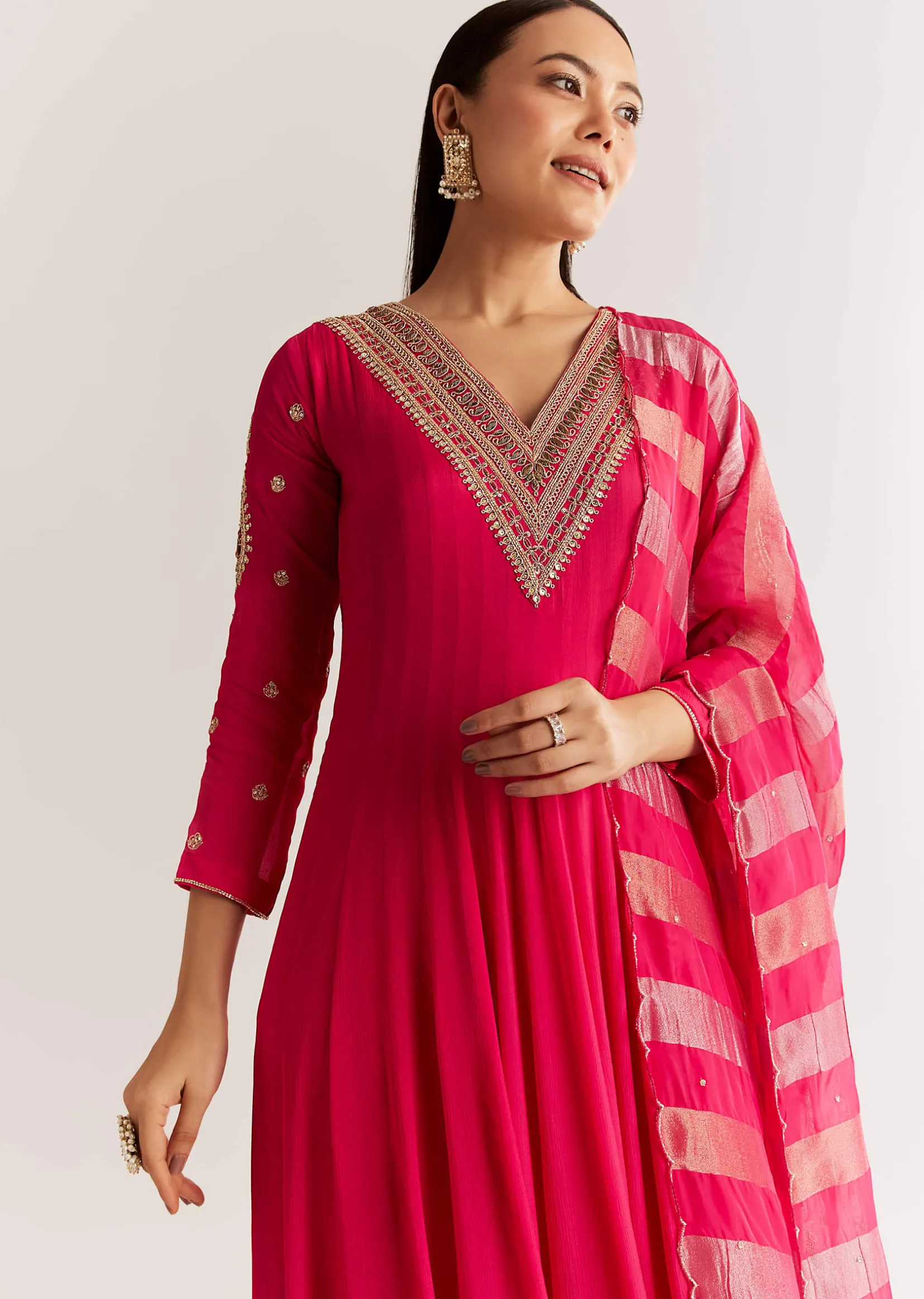 Pink Chinon Anarkali Set With Zardosi Sequins And Cutdana Work