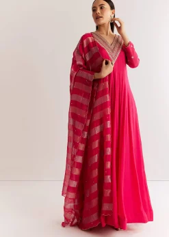 Pink Chinon Anarkali Set With Zardosi Sequins And Cutdana Work
