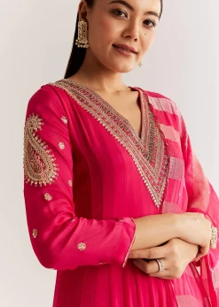 Pink Chinon Anarkali Set With Zardosi Sequins And Cutdana Work