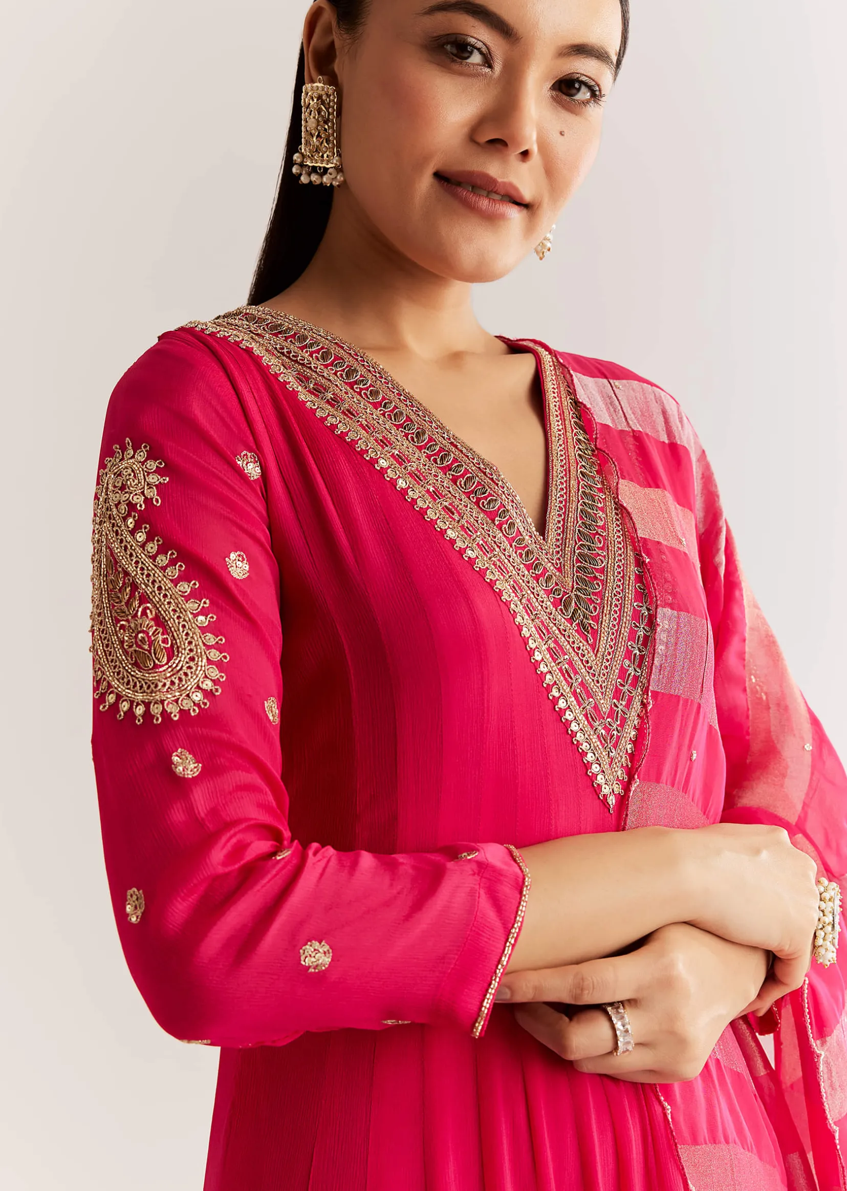 Pink Chinon Anarkali Set With Zardosi Sequins And Cutdana Work