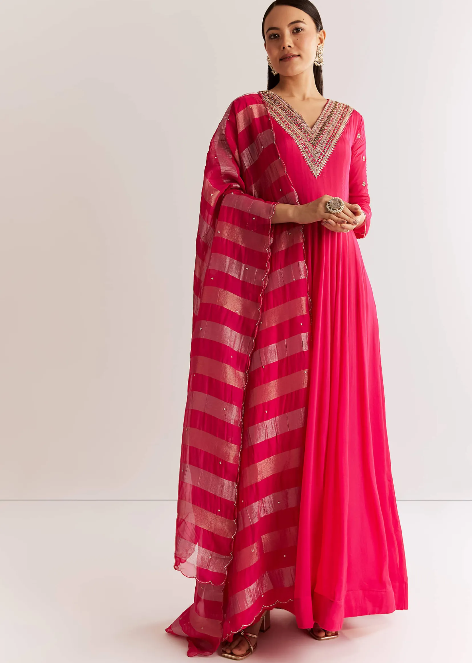 Pink Chinon Anarkali Set With Zardosi Sequins And Cutdana Work