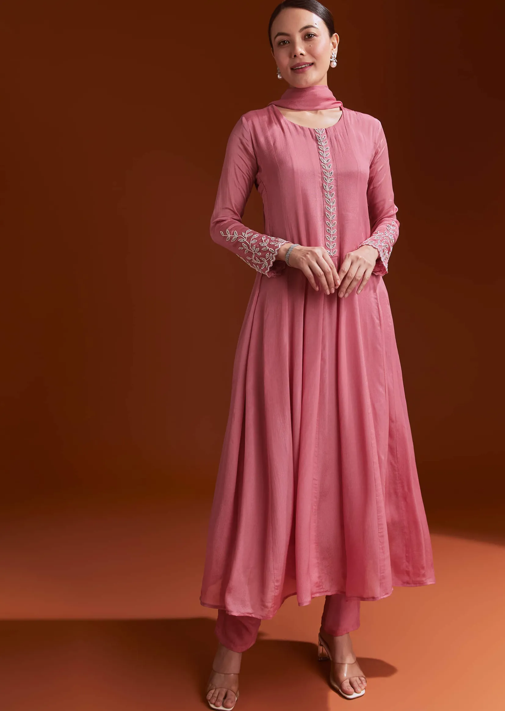 Pink Chinon Anarkali Suit With Moti And Stone Work