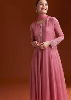Pink Chinon Anarkali Suit With Moti And Stone Work
