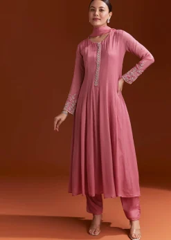 Pink Chinon Anarkali Suit With Moti And Stone Work