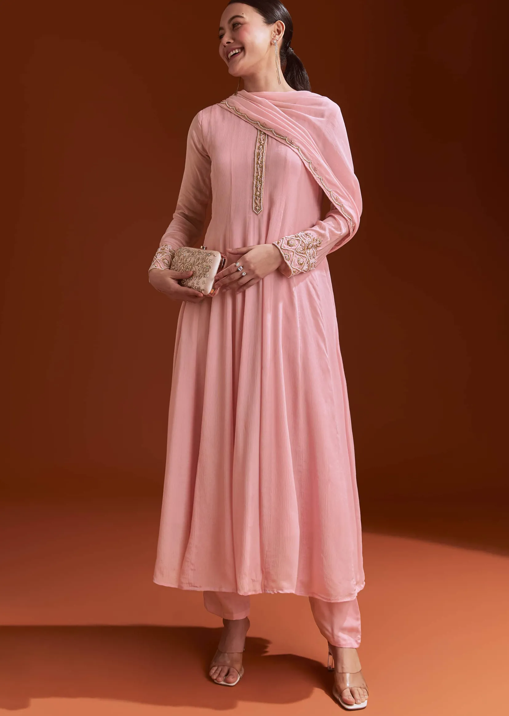 Pink Chinon Anarkali Suit With Beads And Stone Work
