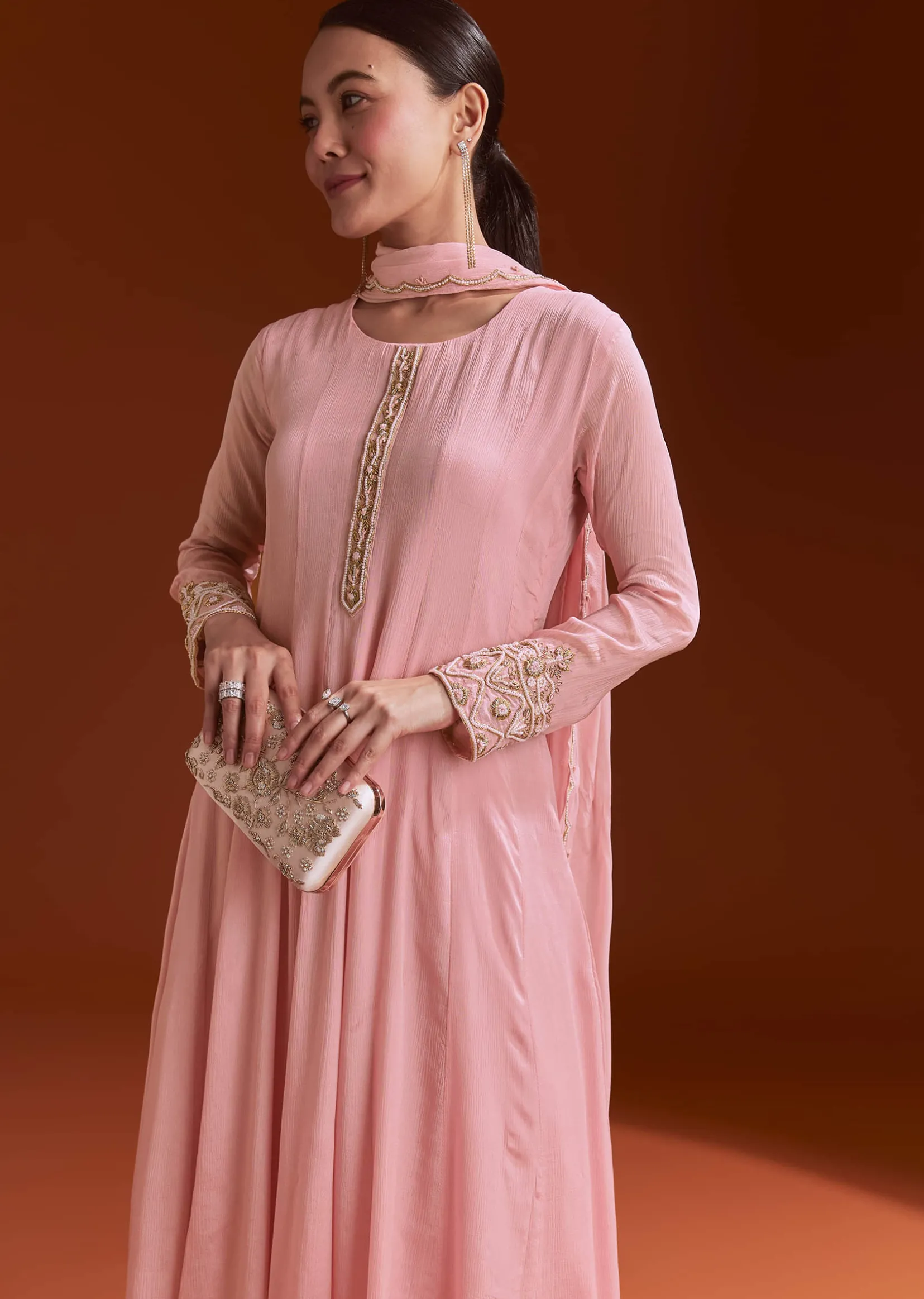 Pink Chinon Anarkali Suit With Beads And Stone Work