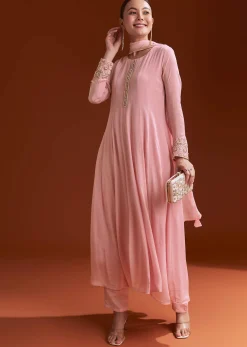 Pink Chinon Anarkali Suit With Beads And Stone Work