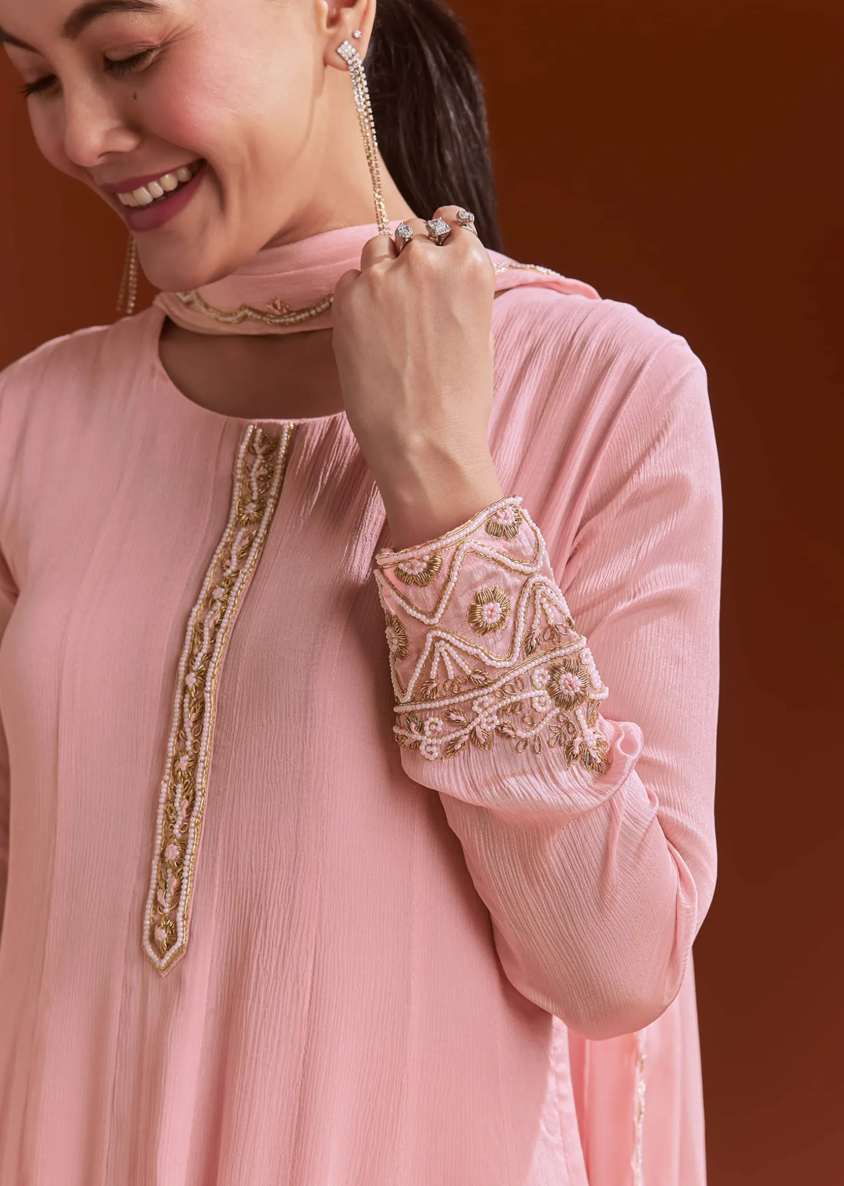 Pink Chinon Anarkali Suit With Beads And Stone Work