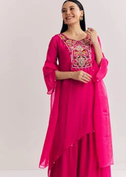 Pink Chinon Asymmetrical Palazzo Suit With Embroidery