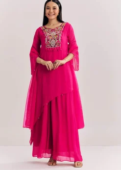 Pink Chinon Asymmetrical Palazzo Suit With Embroidery