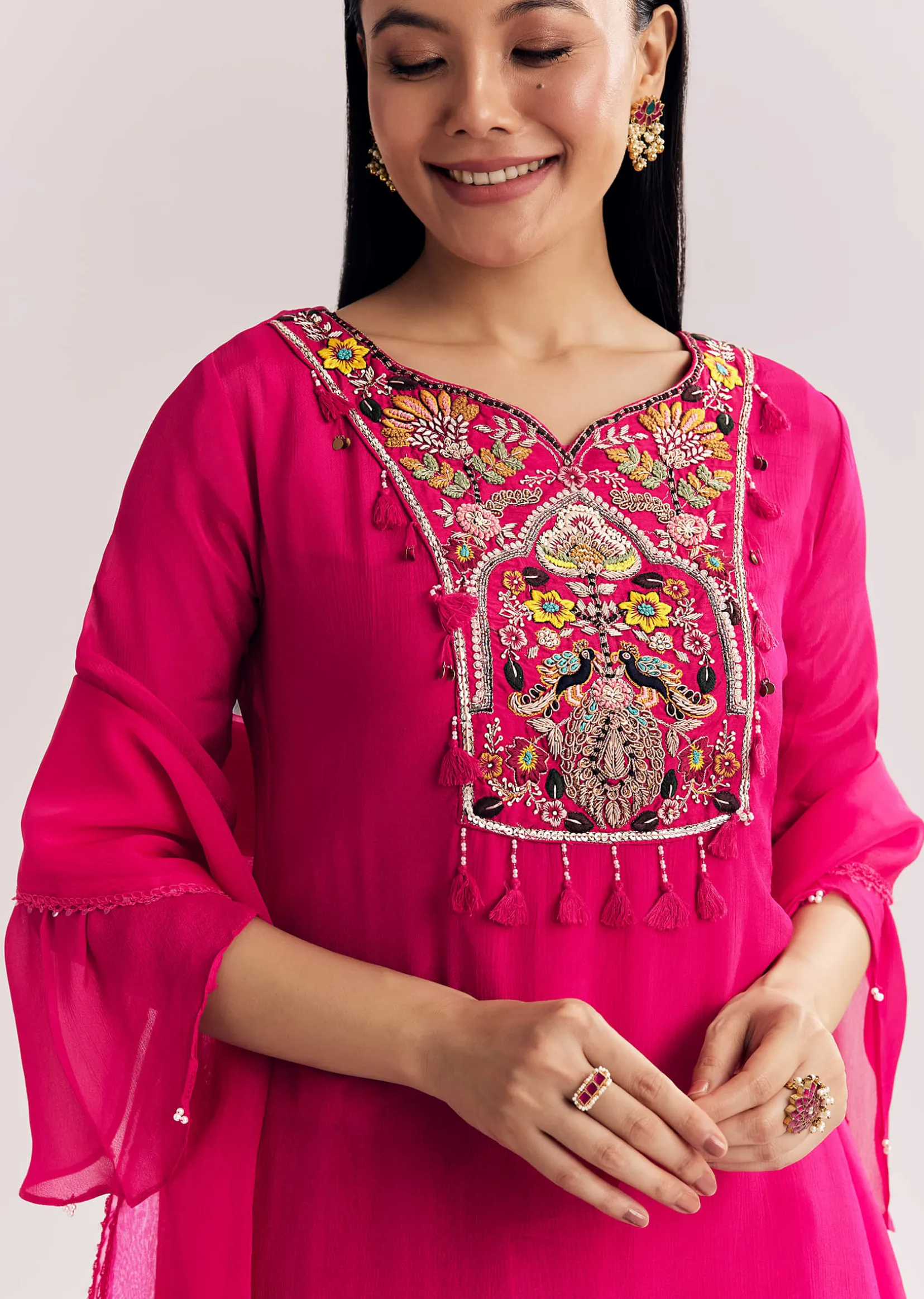 Pink Chinon Asymmetrical Palazzo Suit With Embroidery