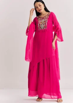 Pink Chinon Asymmetrical Palazzo Suit With Embroidery