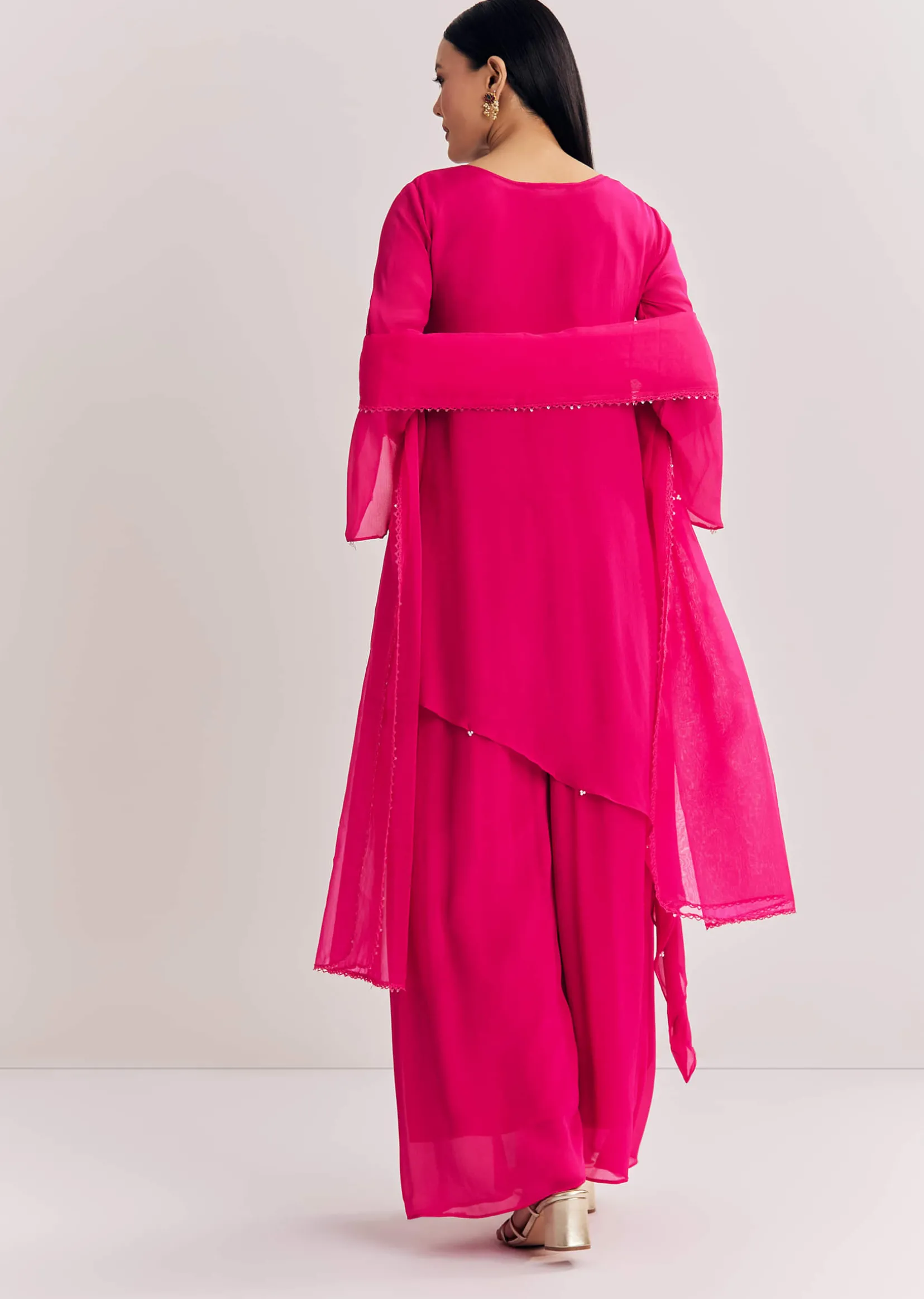 Pink Chinon Asymmetrical Palazzo Suit With Embroidery