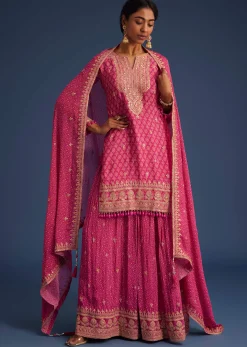 Pink Chinon Bandhani Palazzo Set