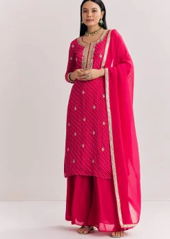 Pink Chinon Bandhani Palazzo Suit