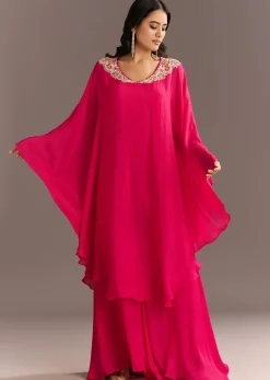 Pink Chinon Cape Style Kurta Palazzo With Zardosi Neckline