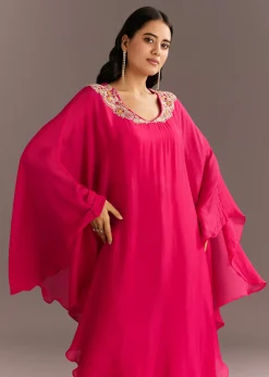 Pink Chinon Cape Style Kurta Palazzo With Zardosi Neckline