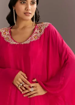 Pink Chinon Cape Style Kurta Palazzo With Zardosi Neckline