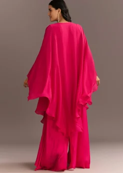 Pink Chinon Cape Style Kurta Palazzo With Zardosi Neckline