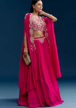 Pink Chinon Crop Top Cape Set With Embroidery