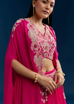 Pink Chinon Crop Top Cape Set With Embroidery