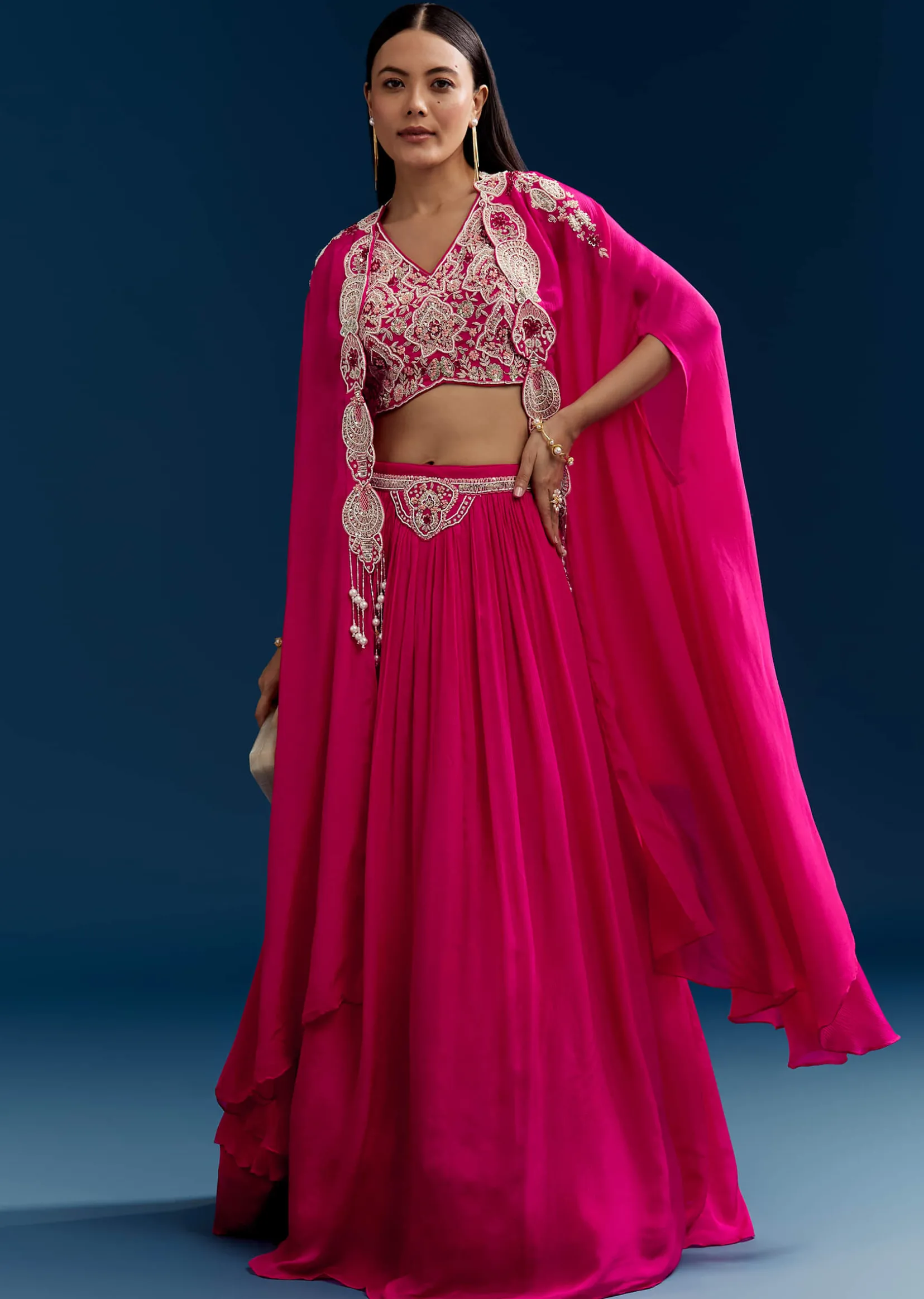 Pink Chinon Crop Top Cape Set With Embroidery