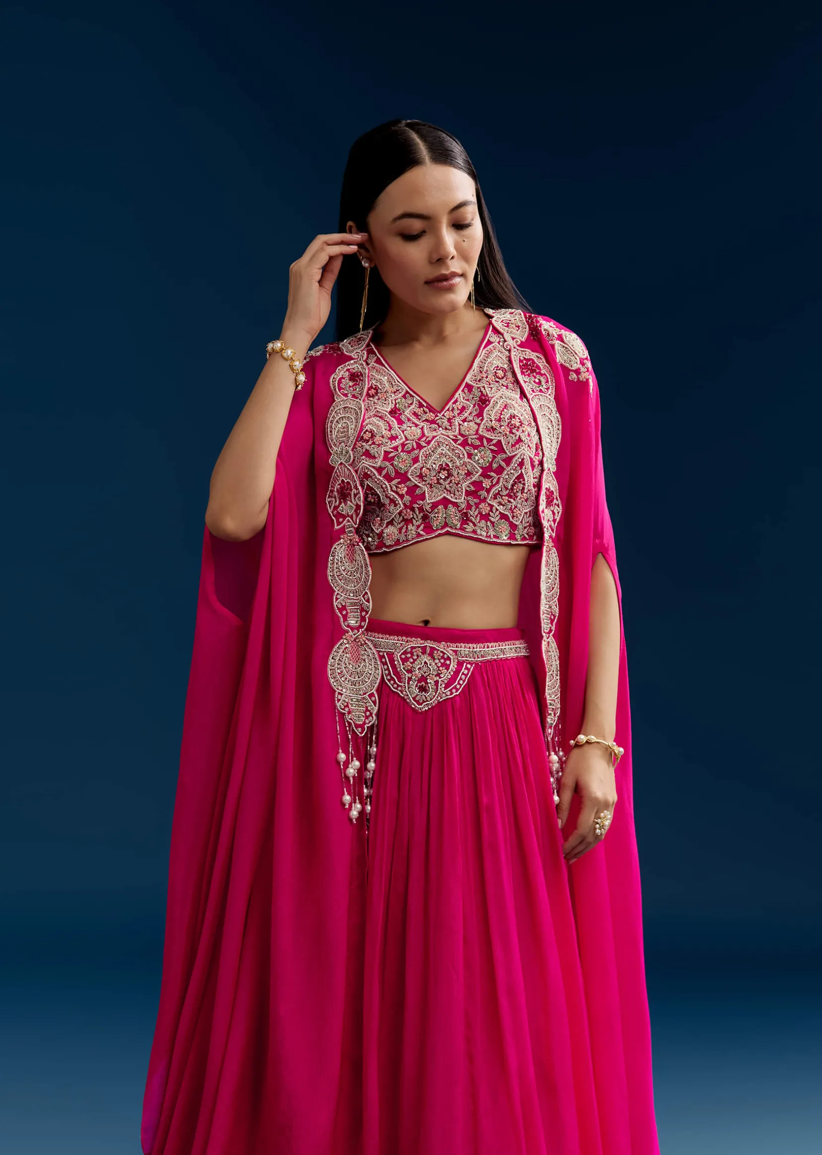 Pink Chinon Crop Top Cape Set With Embroidery