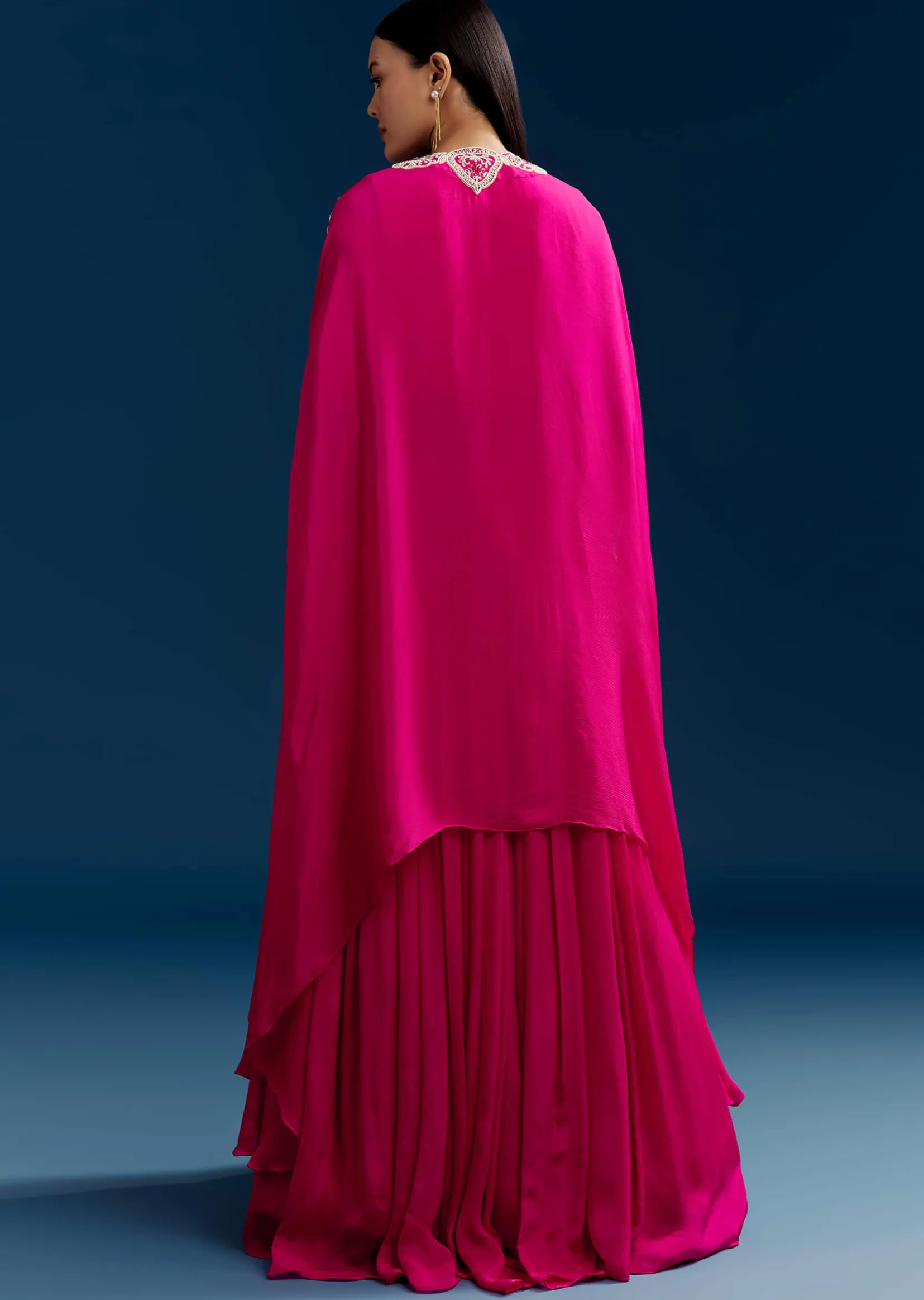 Pink Chinon Crop Top Cape Set With Embroidery