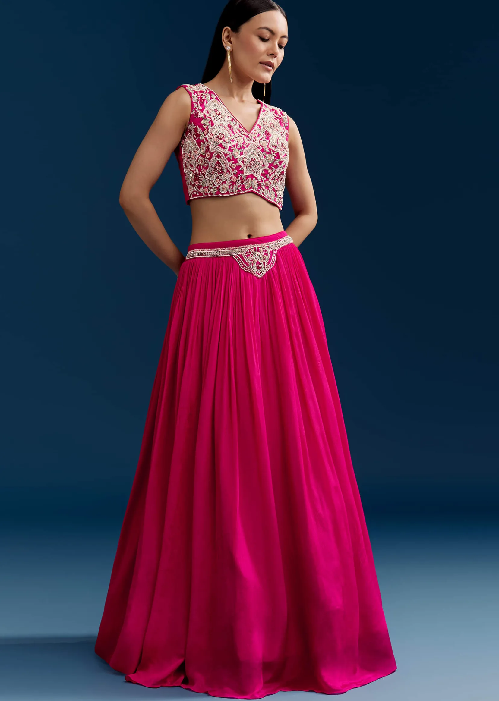 Pink Chinon Crop Top Cape Set With Embroidery