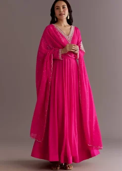 Pink Chinon Cutdana Embroidered Anarkali Dupatta Suit