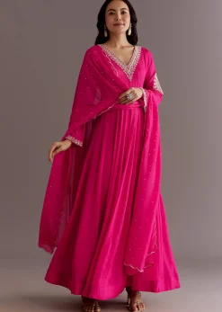 Pink Chinon Cutdana Embroidered Anarkali Dupatta Suit
