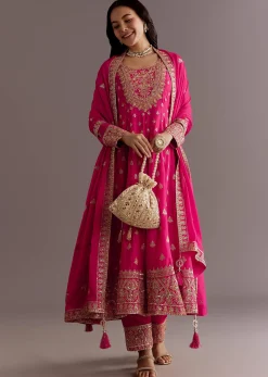 Pink Chinon Hand Embroidered Anarkali Suit With Dupatta