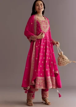Pink Chinon Hand Embroidered Anarkali Suit With Dupatta