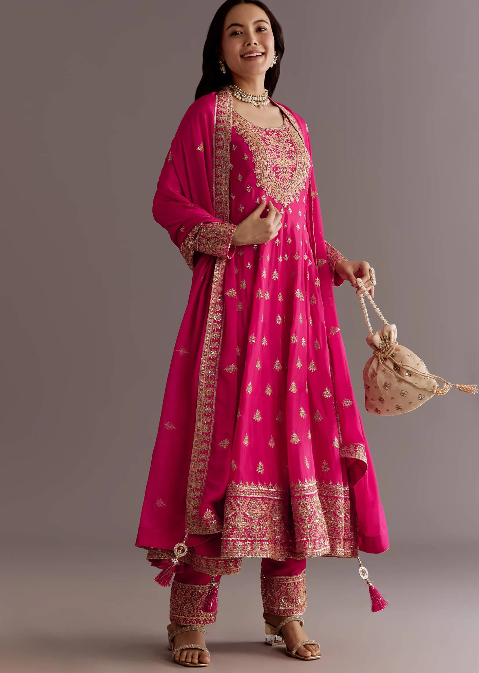 Pink Chinon Hand Embroidered Anarkali Suit With Dupatta