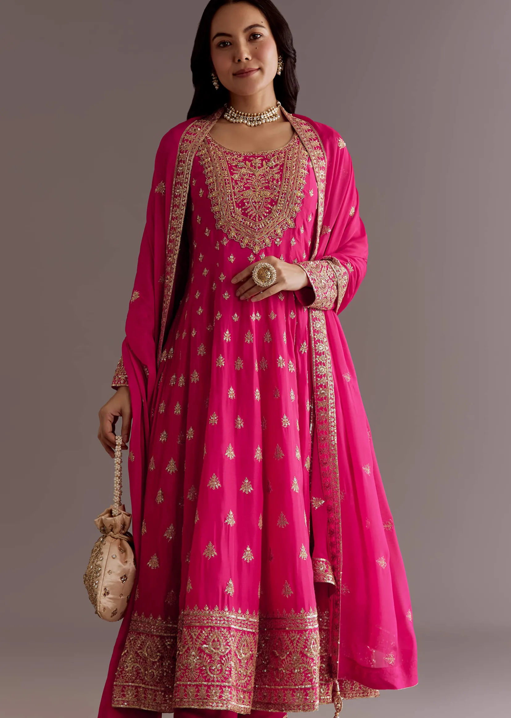 Pink Chinon Hand Embroidered Anarkali Suit With Dupatta