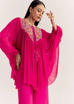 Pink Chinon Kaftan Kurta Set With Zardosi And Thread Work