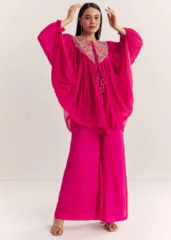 Pink Chinon Kaftan Kurta Set With Zardosi And Thread Work