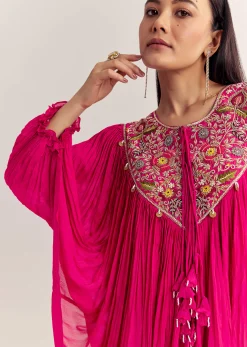 Pink Chinon Kaftan Kurta Set With Zardosi And Thread Work