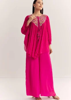 Pink Chinon Kaftan Kurta Set With Zardosi And Thread Work