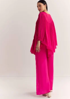 Pink Chinon Kaftan Kurta Set With Zardosi And Thread Work