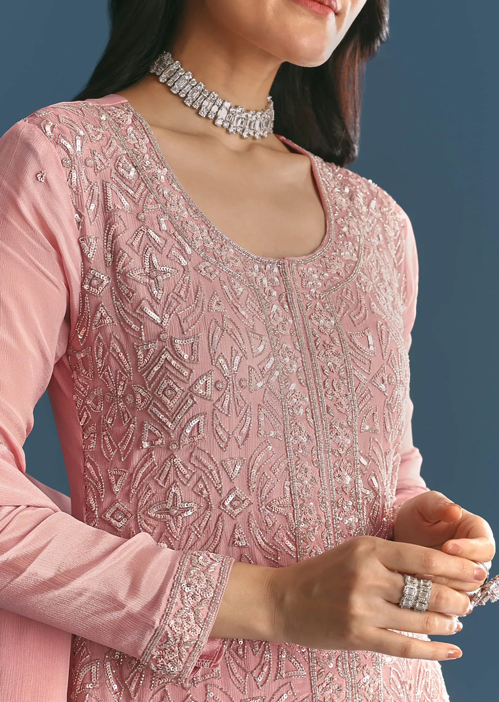 Pink Chinon Kurta Palazzo Suit With Cutdana And Sequins