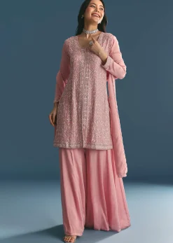 Pink Chinon Kurta Palazzo Suit With Cutdana And Sequins