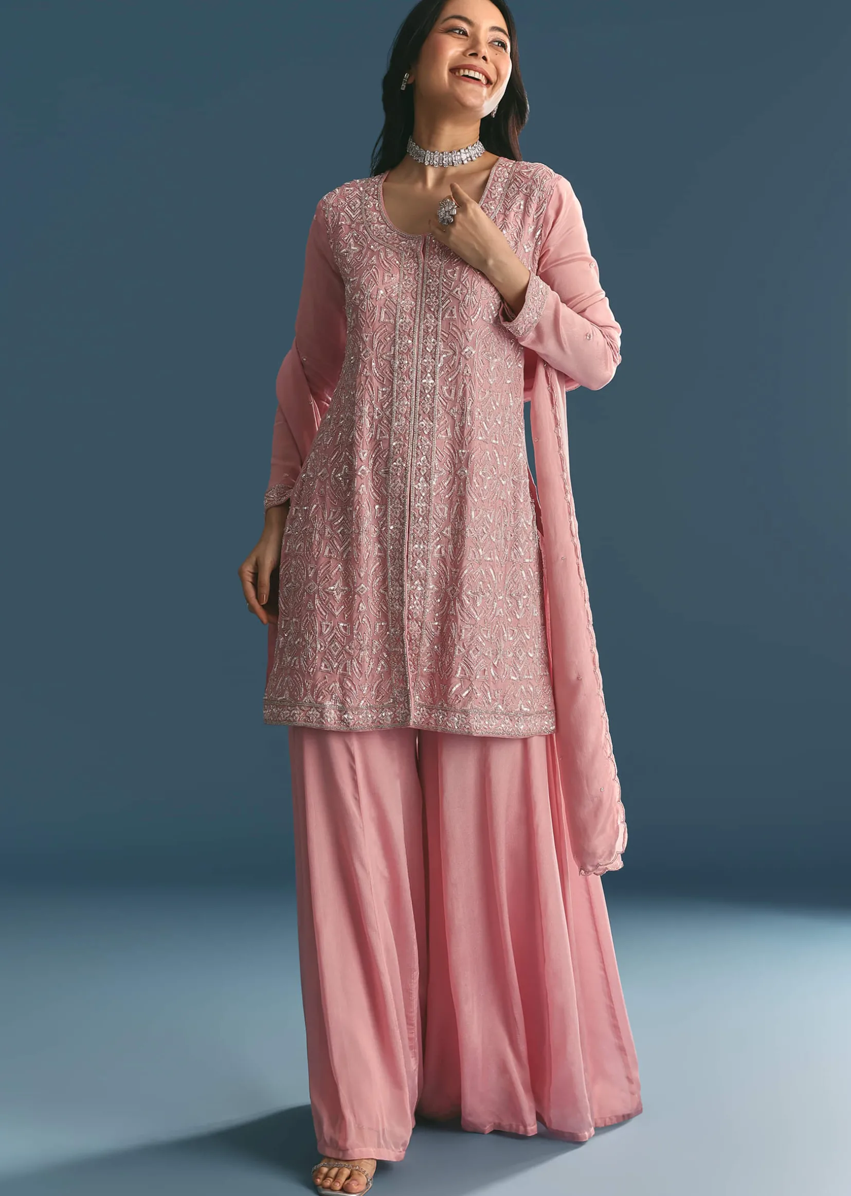 Pink Chinon Kurta Palazzo Suit With Cutdana And Sequins