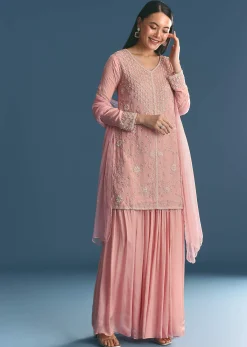 Pink Chinon Kurta Palazzo Suit With Moti And Cut Dana Work