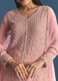 Pink Chinon Kurta Palazzo Suit With Moti And Cut Dana Work
