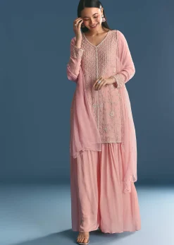 Pink Chinon Kurta Palazzo Suit With Moti And Cut Dana Work