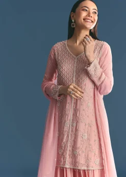 Pink Chinon Kurta Palazzo Suit With Moti And Cut Dana Work